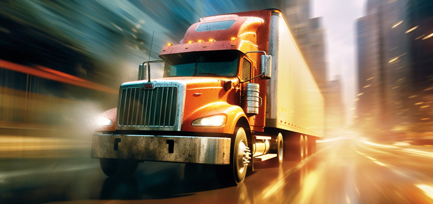 A semi truck drives in a city with a speed motion blur